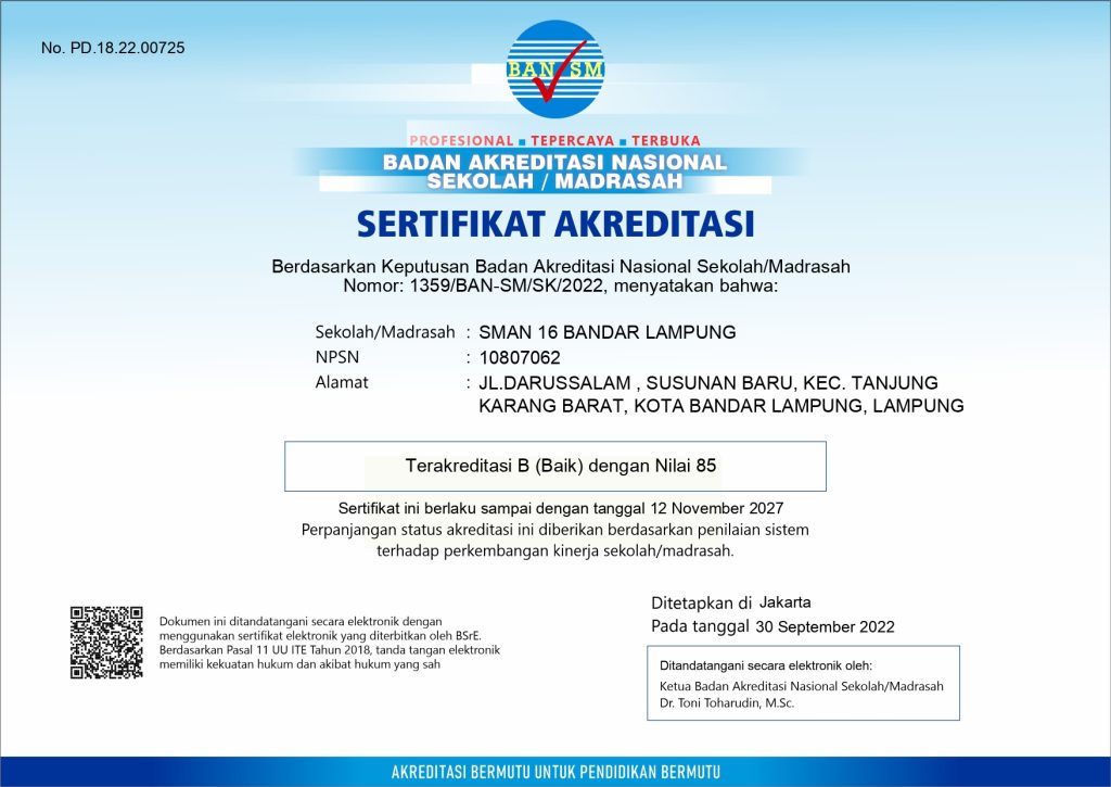 Akreditasi SMAN 16 Bandar Lampung